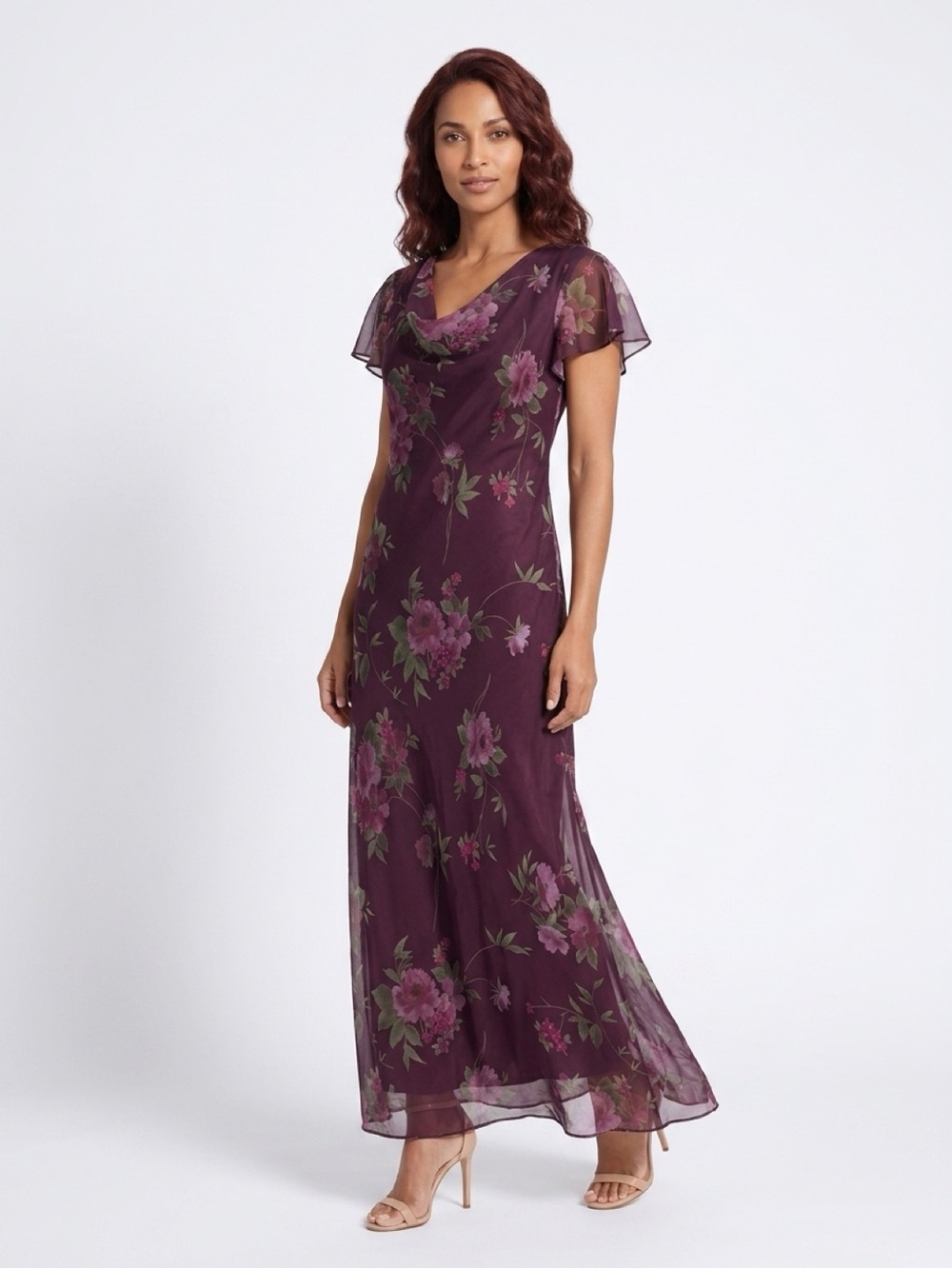 Coldwater Creek Plum Floral Maxi Dress with Flutter Sleeves